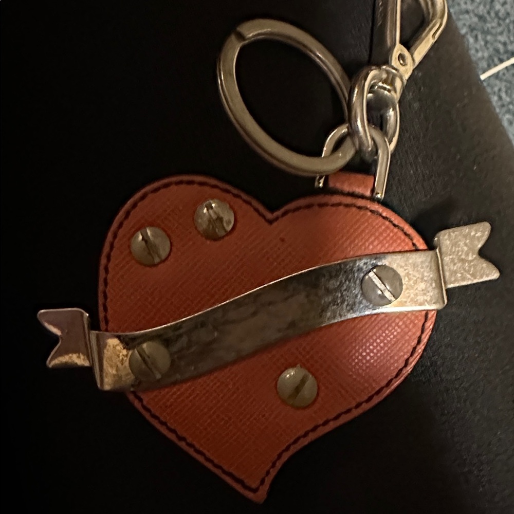 Prada red saffiano Heart-Shaped Keychain charm  with silver studs $295